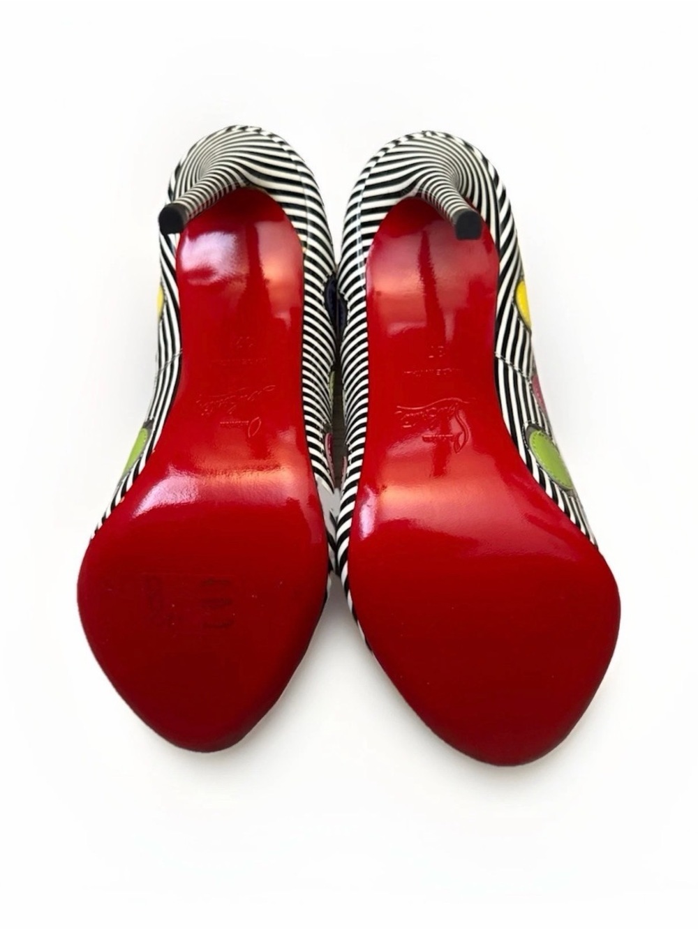 Christian Louboutin “LADY BUG” Striped Peep-Toe Pumps with Multicolor Polka Dots - Picture 3 of 3